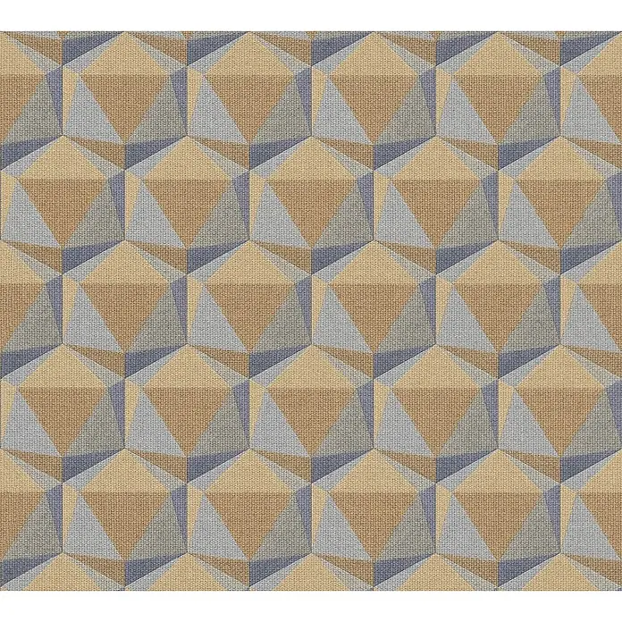 Profhome Vliestapete Heißgeprägte Vliestapete Retro in orange - blaugrau, 10.050 x 530 mm - Textilmuster: ineinandergreifende 3D-Geometrieformen in Beige, Grau und gedämpftem Blau.