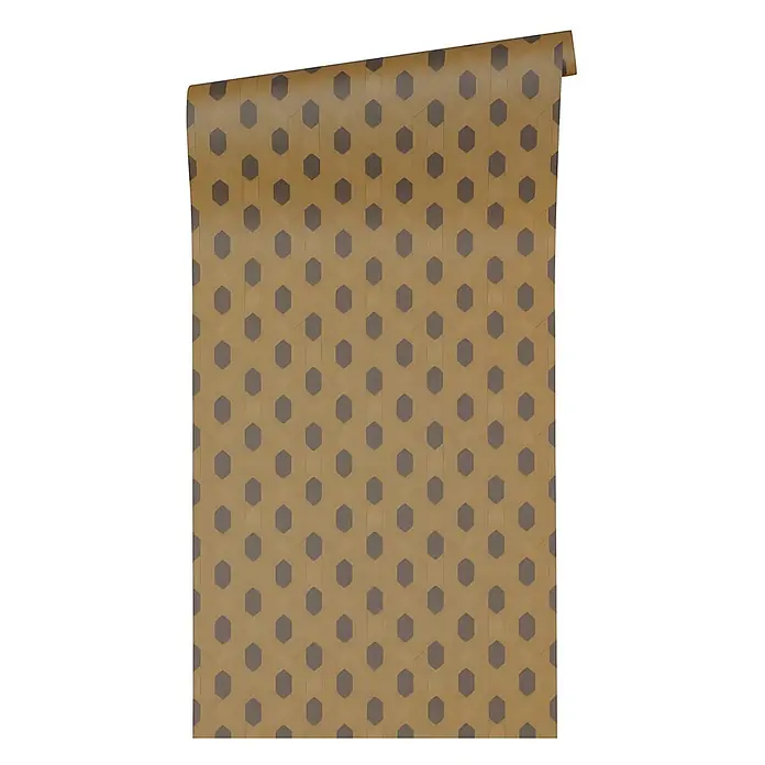 Profhome Vliestapete Vliestapete Design in braun - goldschwarz, 10.050 x 530 mm - Rolle goldbrauner Tapete mit dunkelgrauem, länglichem Sechseckmuster.