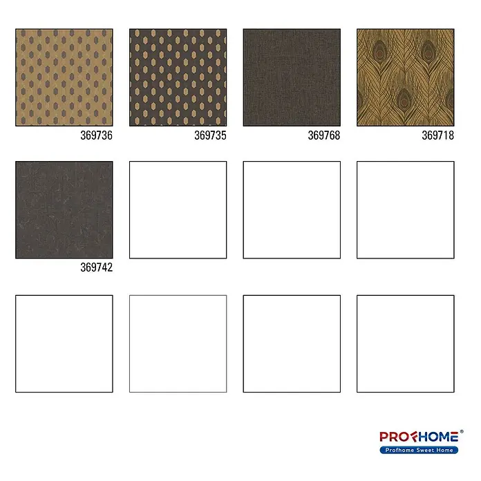 Profhome Vliestapete Vliestapete Design in braun - goldschwarz, 10.050 x 530 mm - Verschiedene Tapetenmuster: zwei mit ovalen Mustern, eines braun strukturiert, eines mit Pfauenfederdesign, eines dunkelgrau meliert. Leere Platzhalter.