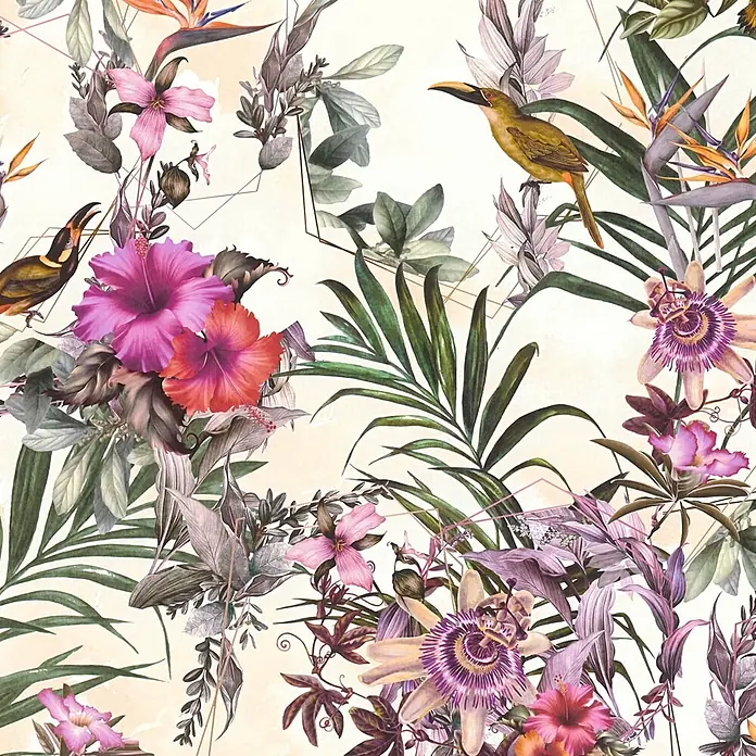 Profhome Vliestapete Glatte Vliestapete ohne Struktur Blumen, Kolibri, Floral in creme - beigegrünrosa, 10.050 x 530 mm - Üppiges tropisches Muster mit farbenfrohen exotischen Blumen wie Hibiskus, Passionsblume, Paradiesvogel, grünen Blättern und zwei lebhaften Vögeln.