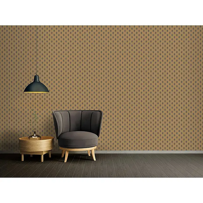 Profhome Vliestapete Vliestapete Design in braun - goldschwarz, 10.050 x 530 mm - Braune Tapete mit einem sich wiederholenden Muster kleiner, dunkelgrau-brauner ovaler Formen.