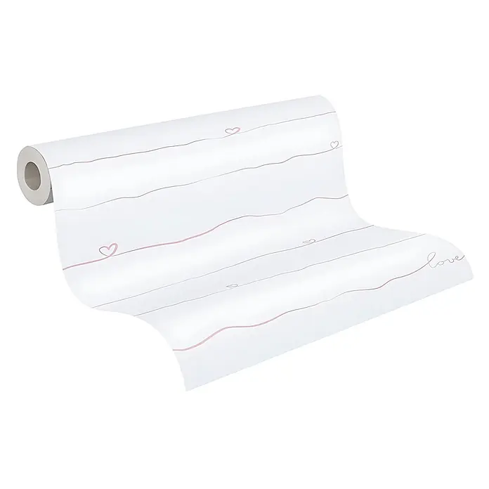 Profhome Vliestapete Vliestapete Kindertapete in rosa - 10.050 x 530 mm - Weiße Tapetenrolle mit rosa Wellenlinien, Herzen und "Love"-Aufschrift.
