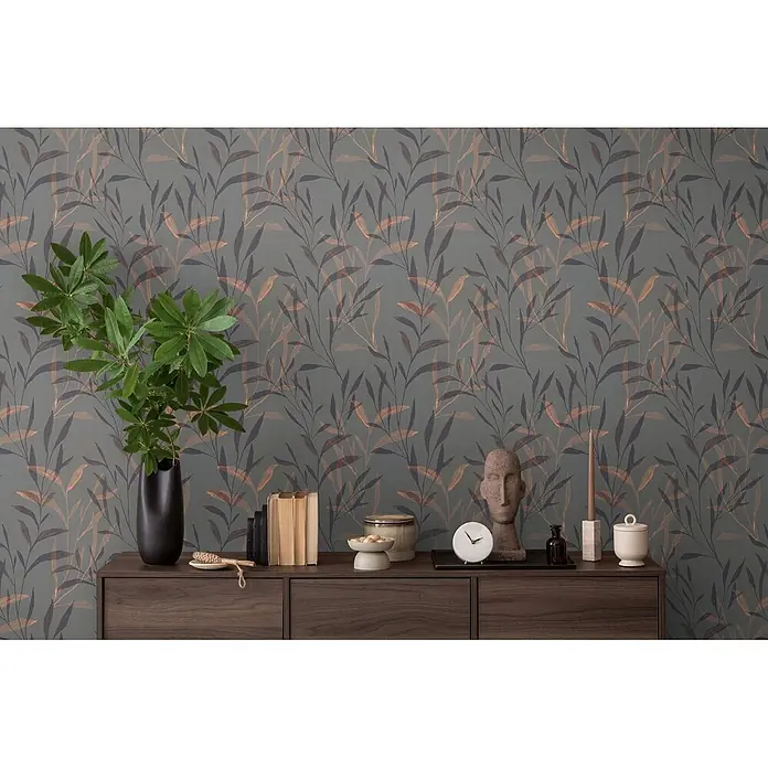 Profhome Vliestapete Heißgeprägte Vliestapete Landhaus, Floral, Natur in anthrazit - grau-braunlilaorange-rot, 10.050 x 530 mm - Dunkelgrüne Tapete mit geschichteten Blättermustern in kontrastierenden dunklen und gedeckten Orangetönen.