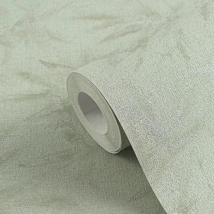 Profhome Vliestapete Heißgeprägte Vliestapete Ton-In-Ton, Floral, Textiloptik in grün - minz-grünsilber, 10.050 x 530 mm - Texturierte hellgrüne Tapetenrolle mit dezentem Muster, teilweise abgerollt.