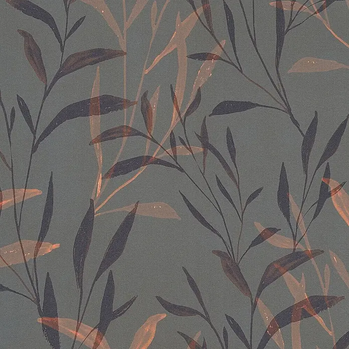 Profhome Vliestapete Heißgeprägte Vliestapete Landhaus, Floral, Natur in anthrazit - grau-braunlilaorange-rot, 10.050 x 530 mm - Strukturierter Blättermuster mit überlappenden dunkelgrauen und durchscheinenden orangefarbenen Blättern auf dunkeltürkisem Hintergrund.
