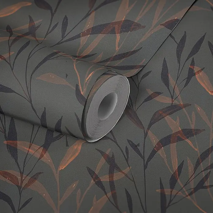 Profhome Vliestapete Heißgeprägte Vliestapete Landhaus, Floral, Natur in anthrazit - grau-braunlilaorange-rot, 10.050 x 530 mm - Tapetenrolle in Dunkeltürkis mit dunkelgrauem und rostorange durchscheinendem Blättermuster.