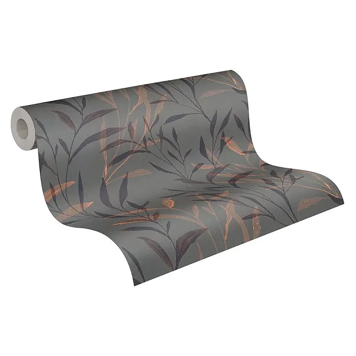 Profhome Vliestapete Heißgeprägte Vliestapete Landhaus, Floral, Natur in anthrazit - grau-braunlilaorange-rot, 10.050 x 530 mm - Rolle dunkelgrüner Tapete mit botanischem Muster aus dunklen und kupferfarbenen metallischen Blättern.