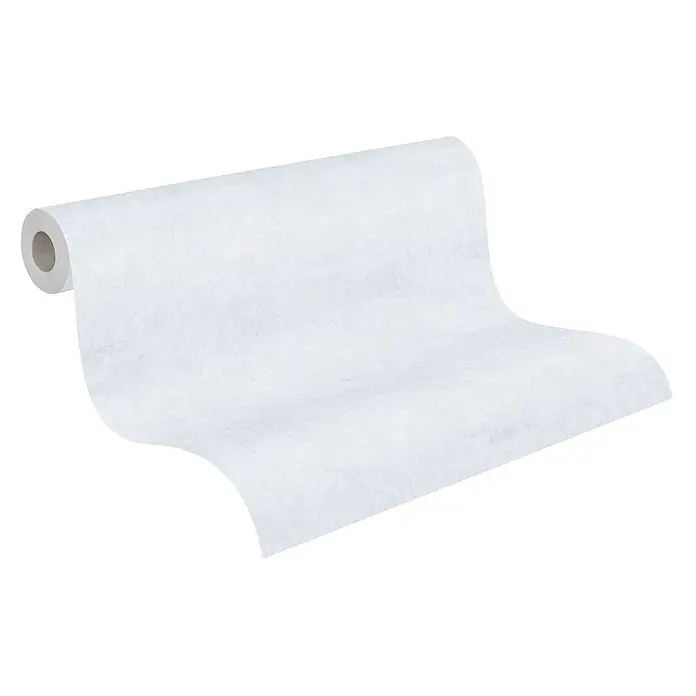 Profhome Vliestapete Vliestapete Kindertapete, Used Look, Textiloptik, Uni grau - hell-grün, 10.050 x 530 mm - Weißer, texturierter Tapetenrolle teilweise abgerollt, zeigt sein subtiles Oberflächenmuster.