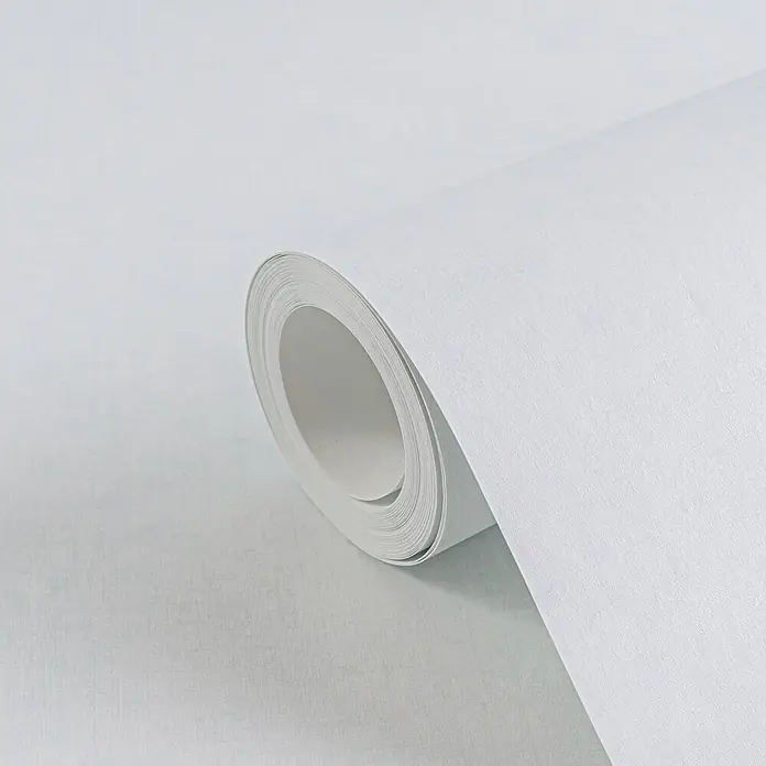 Profhome Vliestapete Vliestapete Kindertapete, Used Look, Textiloptik, Uni grau - hell-grün, 10.050 x 530 mm - Teilweise abgerollte Rolle weißer strukturierter Tapete.