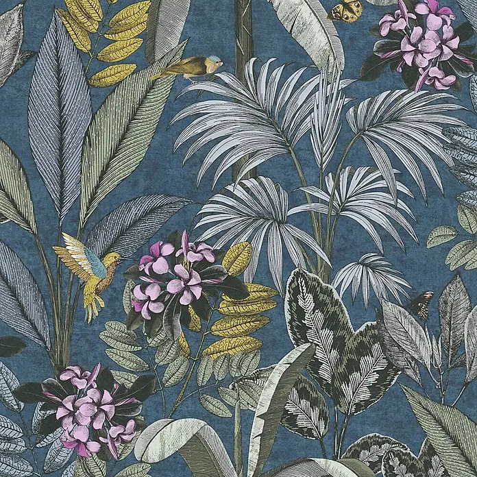 Profhome Vliestapete Glatte Vliestapete ohne Struktur Dschungel in blau - gelbgraugrün, 10.050 x 530 mm - Blaues Tropenmuster mit Vögeln, Schmetterlingen und rosa Blüten.