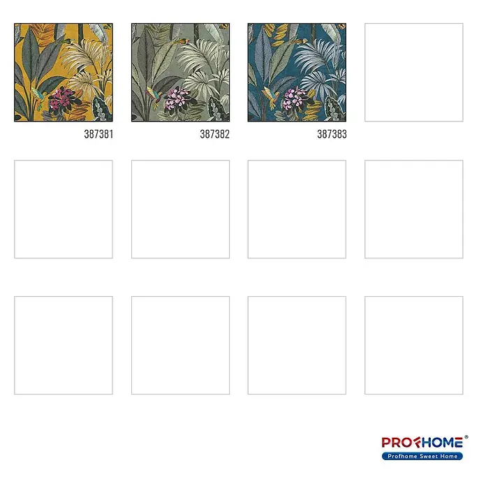 Profhome Vliestapete Glatte Vliestapete ohne Struktur Dschungel in blau - gelbgraugrün, 10.050 x 530 mm - Drei tropische Tapetenmuster in Gelb, Grün und Blau, mit Blättern, Blumen und Kolibris.