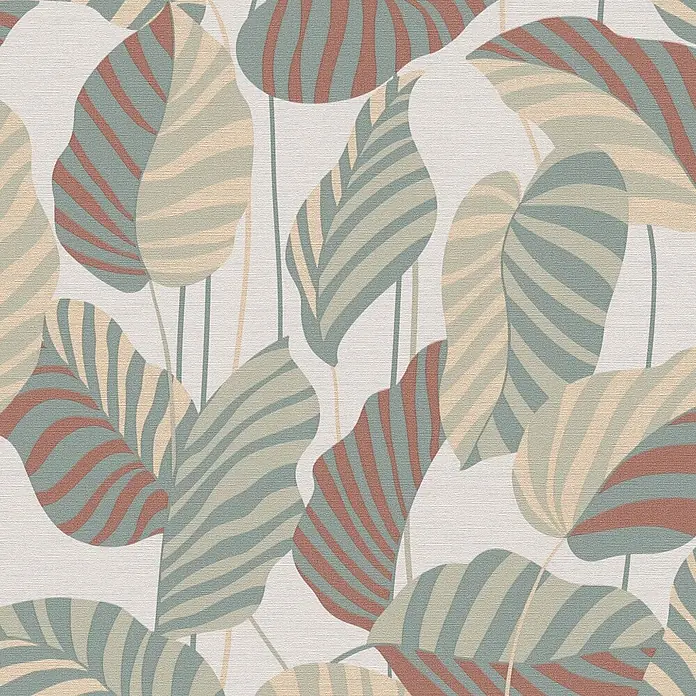 Profhome Vliestapete Heißgeprägte Vliestapete Landhaus, Floral, Grafisch beige - creme-weißpatina-grünperl-gold, 10.050 x 530 mm - Muster aus stilisierten gestreiften Blättern in Grün, Beige und Rotbraun.