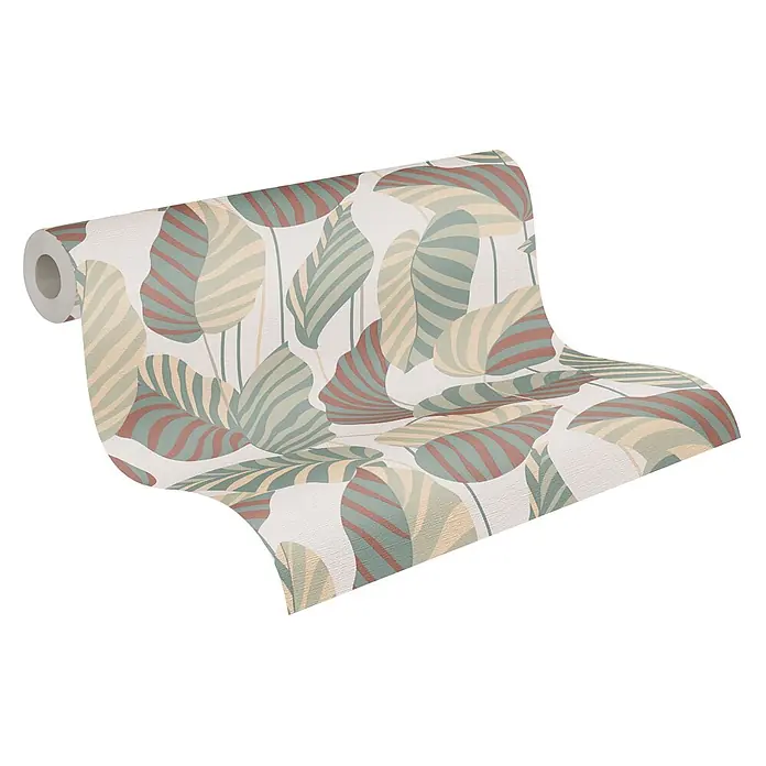 Profhome Vliestapete Heißgeprägte Vliestapete Landhaus, Floral, Grafisch beige - creme-weißpatina-grünperl-gold, 10.050 x 530 mm - Rolle strukturierter Tapete mit Muster aus großen, stilisierten tropischen Blättern in Hellgrün, Beige und Terrakotta-Streifen.