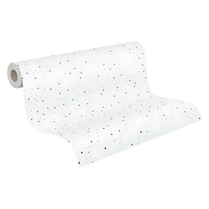 Profhome Vliestapete Vliestapete Kindertapete in blau - grauschwarz, 10.050 x 530 mm - Weiße Tapetenrolle mit einem Muster aus verstreuten schwarzen und hellblauen Sternen und Punkten.