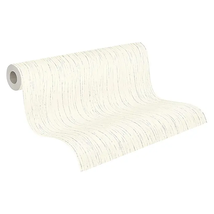 Profhome Vliestapete Vliestapete Uni in weiß - Uni, 10.050 x 530 mm - Gerollte cremefarbene Tapete mit einem Muster aus dünnen, wellenförmigen grauen Linien.