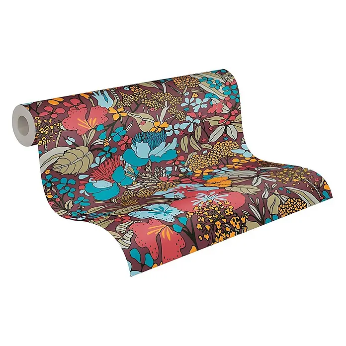 Profhome Vliestapete Vliestapete Dschungel in rot - beigegelb, 10.050 x 530 mm - Tapetenrolle mit lebhaftem Blumenmuster: rote, blaue, orangefarbene und gelbe Blüten auf dunkelbraunem Grund.
