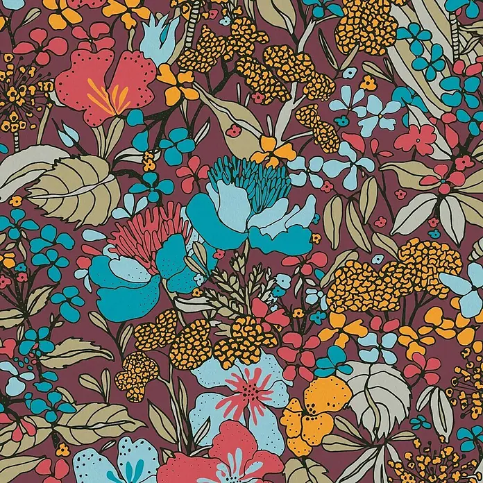 Profhome Vliestapete Vliestapete Dschungel in rot - beigegelb, 10.050 x 530 mm - Lebhaftes Blumenmuster mit tealfarbenen, roten und gelben Blüten sowie olivfarbenen Blättern auf burgunderrotem Hintergrund.