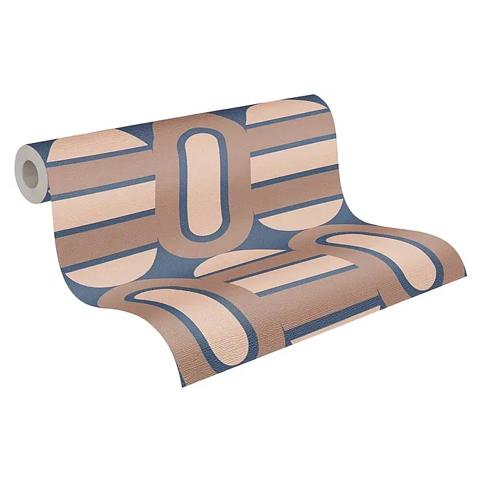 Profhome Vliestapete Heißgeprägte Vliestapete Grafisch, Retro, Geometrisch, Ornament in blau - blass-braunbraun-beige, 8.500 x 530 mm - Rolle retro geometrischer Tapete in Blau, Beige und Braun mit Streifen- und Ovalmustern.
