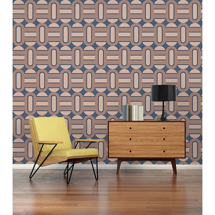 Profhome Vliestapete Heißgeprägte Vliestapete Grafisch, Retro, Geometrisch, Ornament in blau - blass-braunbraun-beige, 8.500 x 530 mm - Geometrische Tapete mit blau-beigem Oval- und Balkenmuster als Wandverkleidung.