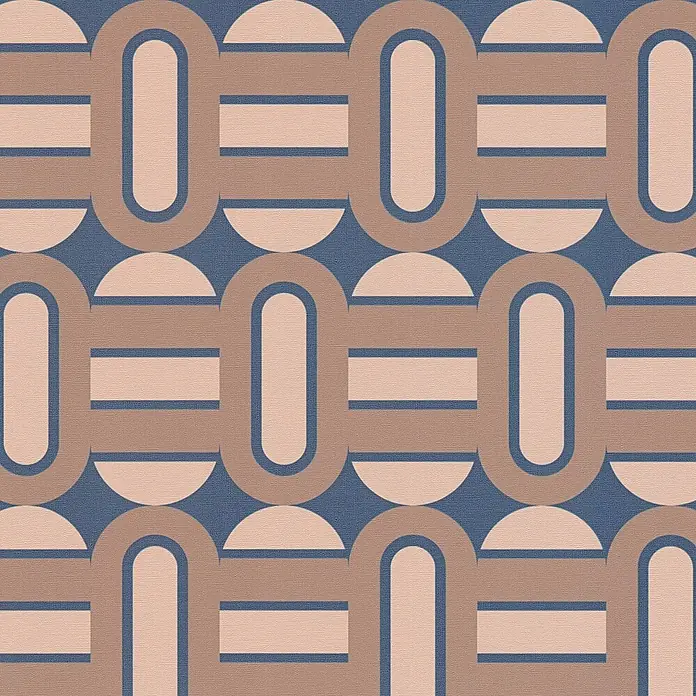 Profhome Vliestapete Heißgeprägte Vliestapete Grafisch, Retro, Geometrisch, Ornament in blau - blass-braunbraun-beige, 8.500 x 530 mm - Nahtloses geometrisches Muster in Blau, Beige und Braun, mit ineinandergreifenden Ovalen und horizontalen Balken, texturiert.