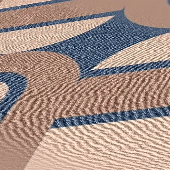 Profhome Vliestapete Heißgeprägte Vliestapete Grafisch, Retro, Geometrisch, Ornament in blau - blass-braunbraun-beige, 8.500 x 530 mm - Strukturierte Tapete mit beigem und blauem geometrischem Muster.