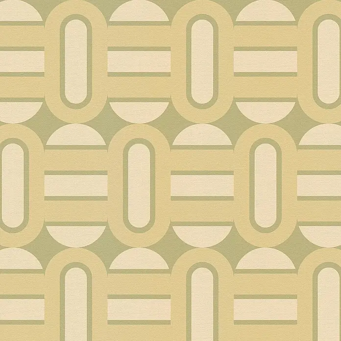 Profhome Vliestapete Heißgeprägte Vliestapete Grafisch, Retro, Geometrisch, Ornament in grün - creme-weißoliv-grün, 8.500 x 530 mm - Strukturiertes, nahtloses geometrisches Muster mit ineinandergreifenden Formen und Linien in Beige, Gelb und Salbeigrün.