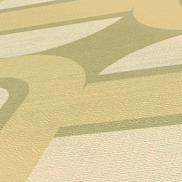 Profhome Vliestapete Heißgeprägte Vliestapete Grafisch, Retro, Geometrisch, Ornament in grün - creme-weißoliv-grün, 8.500 x 530 mm - Texturierte Tapete mit Retro-Geometermuster in Olivgrün, Beige und Creme.