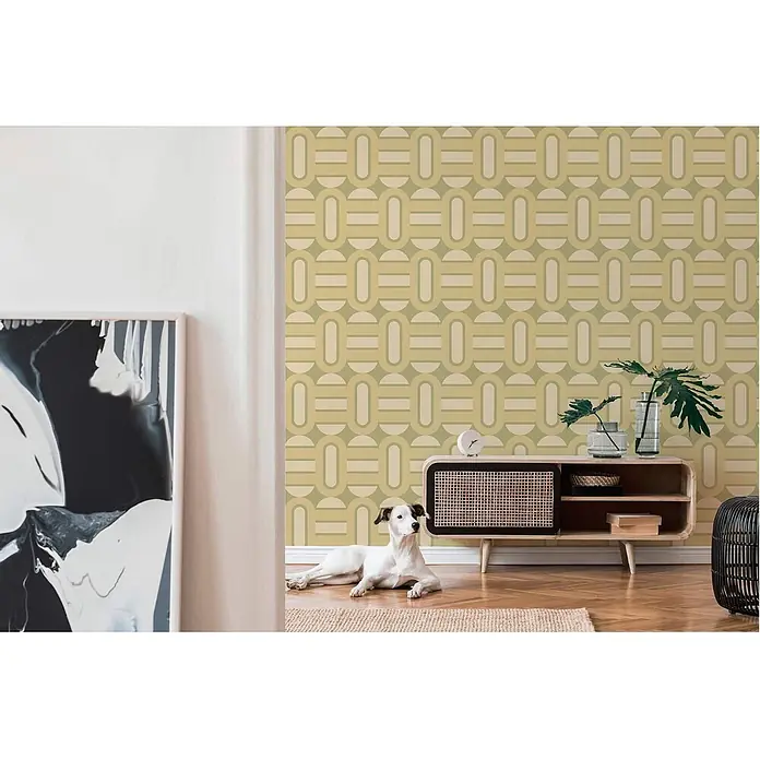 Profhome Vliestapete Heißgeprägte Vliestapete Grafisch, Retro, Geometrisch, Ornament in grün - creme-weißoliv-grün, 8.500 x 530 mm - Geometrische Tapete in Salbeigrün und Hellgelb, mit einem ineinandergreifenden Oval- und Linienmuster an einer Wohnzimmerwand.