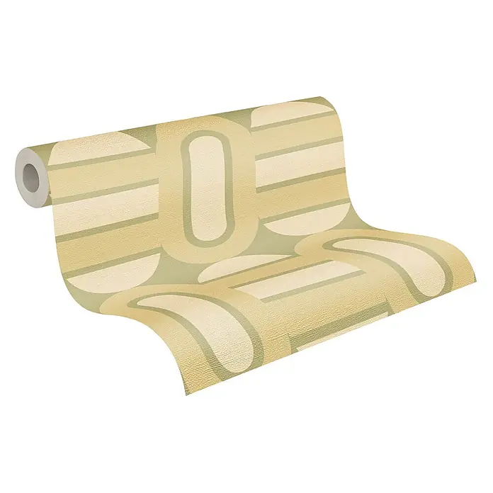 Profhome Vliestapete Heißgeprägte Vliestapete Grafisch, Retro, Geometrisch, Ornament in grün - creme-weißoliv-grün, 8.500 x 530 mm - Tapetenrolle mit retro geometrischem Muster in Beige, Creme und Hellgrün.
