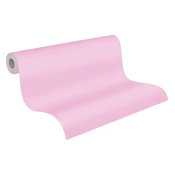 Profhome Vliestapete Vliestapete Uni in rosa - Uni, 10.050 x 530 mm - Rolle hellrosa Tapete, teilweise abgerollt.