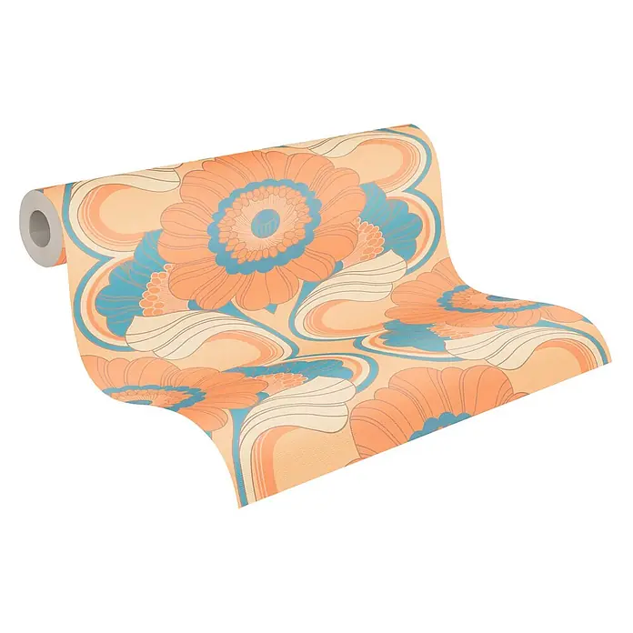 Profhome Vliestapete Heißgeprägte Vliestapete Blumen, Grafisch, Retro, Ornament beige - lachs-orangepastell-gelb, 8.500 x 530 mm - Rolle retro Blumen-Tapete mit orangefarbenen und türkisen Blüten auf pfirsichfarbenem Hintergrund.