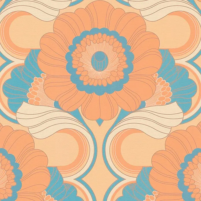 Profhome Vliestapete Heißgeprägte Vliestapete Blumen, Grafisch, Retro, Ornament beige - lachs-orangepastell-gelb, 8.500 x 530 mm - Retro 70er Blumenmuster mit stilisierten orange-blauen Blüten und cremefarbenen Schnörkeln.