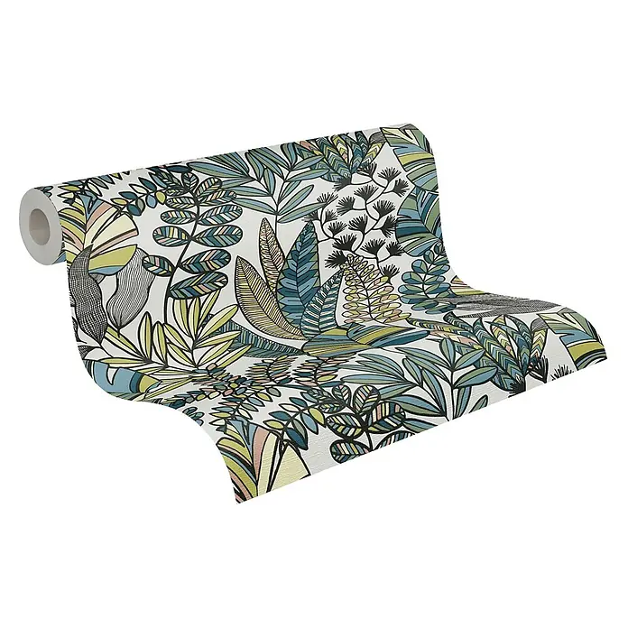 Profhome Vliestapete Heißgeprägte Vliestapete Floral, Grafisch, Retro in weiß - blauoliv-grünschwarz, 10.050 x 530 mm - Weiße Tapetenrolle mit lebhaftem tropischem Blättermuster in Blau, Grün, Gelb und Schwarz. Teilweise abgerollt.