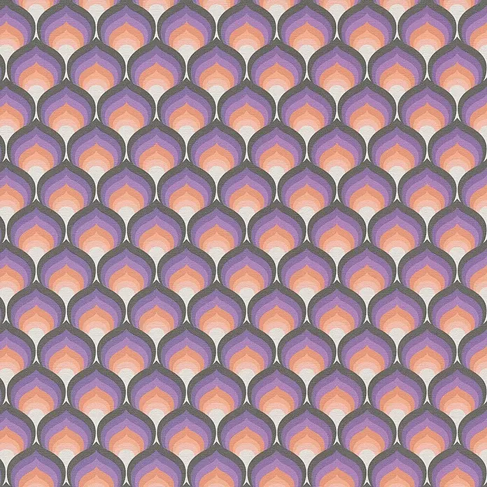 Profhome Vliestapete Heißgeprägte Vliestapete Grafisch, Retro, Ornament in lila - creme-weißfliederorange-gelb, 8.500 x 530 mm - Vintage-Geometrie-Muster mit lila, orangefarbenen und grauen Tropfenformen.