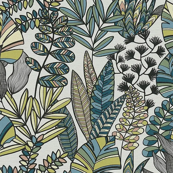Profhome Vliestapete Heißgeprägte Vliestapete Floral, Grafisch, Retro in weiß - blauoliv-grünschwarz, 10.050 x 530 mm - Muster aus stilisierten tropischen Blättern in Blau, Grün, Gelb und Rosa mit schwarzen Umrissen.