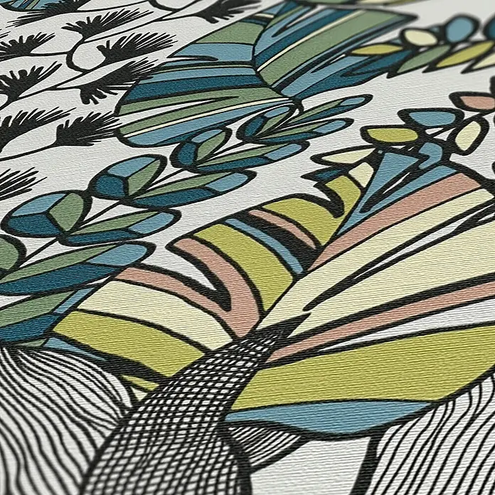 Profhome Vliestapete Heißgeprägte Vliestapete Floral, Grafisch, Retro in weiß - blauoliv-grünschwarz, 10.050 x 530 mm - Gemustertes Textil mit stilisiertem Blattwerk und geometrischen Formen in Blau, Grün, Gelb und Rosa, schwarz umrandet.