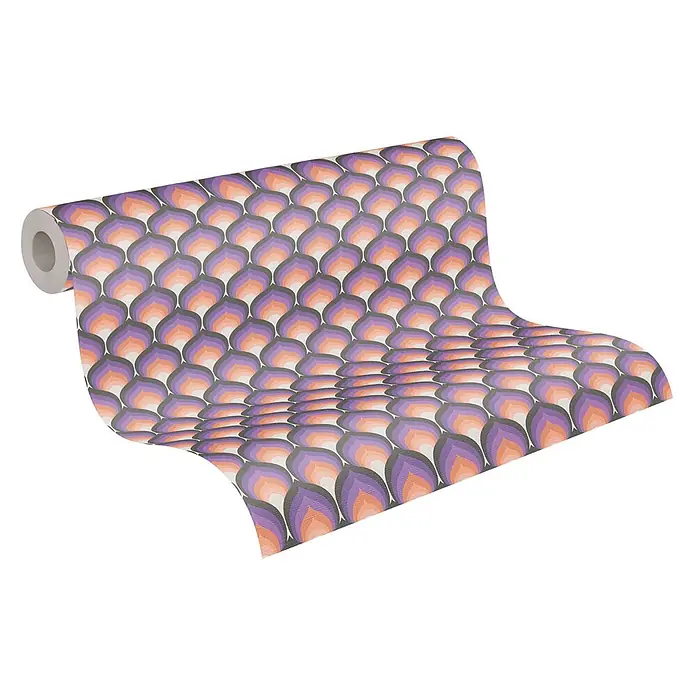 Profhome Vliestapete Heißgeprägte Vliestapete Grafisch, Retro, Ornament in lila - creme-weißfliederorange-gelb, 8.500 x 530 mm - Tapetenrolle mit retro geometrischem Schuppenmuster in Lila, Orange, Grau und Creme.