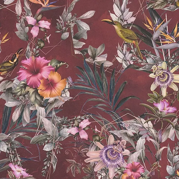 Profhome Vliestapete Glatte Vliestapete ohne Struktur Blumen, Kolibri, Floral in rot - oliv-grünorange-gelbrosa, 10.050 x 530 mm - Reichhaltiges burgunderrotes Tropenmuster mit Hibiskus, Passionsblumen, Palmenblättern und exotischen Vögeln, akzentuiert mit goldenen Linien.