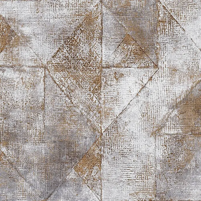 Profhome Vliestapete Vliestapete Geometrisch, Used Look, Spachteloptik, Rauten Muster in gold - grau, 10.050 x 530 mm - Strukturiertes geometrisches Muster mit goldenen, weißen und grauen Dreiecken und Quadraten im Used-Look.