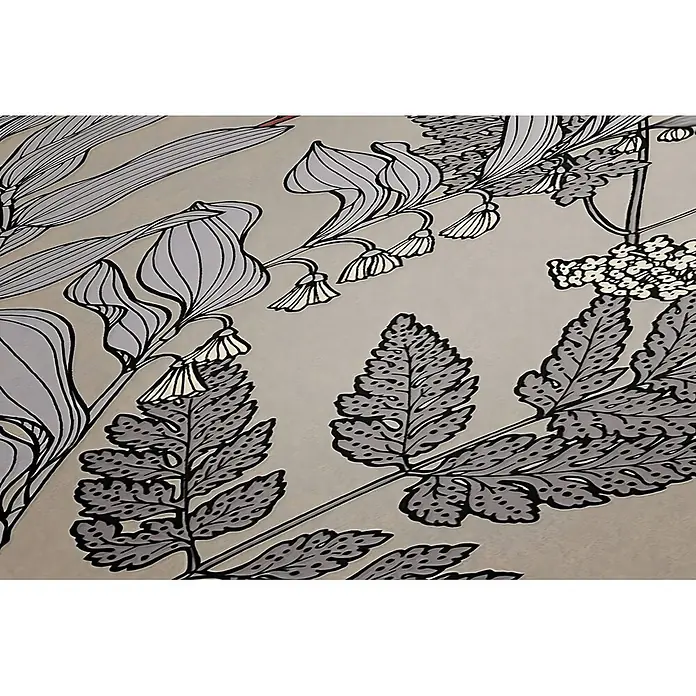 Profhome Vliestapete Vliestapete Floral beige - grauorangerot, Floral, 10.050 x 530 mm - Stilisiertes graues Pflanzenmuster mit Farnen, glockenförmigen Blüten und kleinen Blumenbüscheln, schwarz umrandet mit gelben Akzenten.