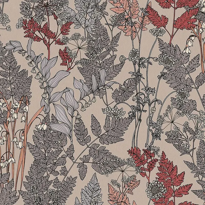 Profhome Vliestapete Vliestapete Floral beige - grauorangerot, Floral, 10.050 x 530 mm - Detailliertes Pflanzenmuster mit grauen und rötlichen Farnen, weißen Glockenblumen und kleinen weißen Doldenblüten.