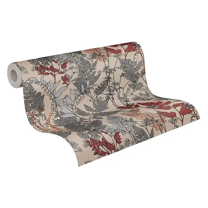 Profhome Vliestapete Vliestapete Floral beige - grauorangerot, Floral, 10.050 x 530 mm - Tapetenrolle mit botanischem Muster aus Farnen, Maiglöckchen und Laub in Grau, Rot und Weiß auf beigem Hintergrund.