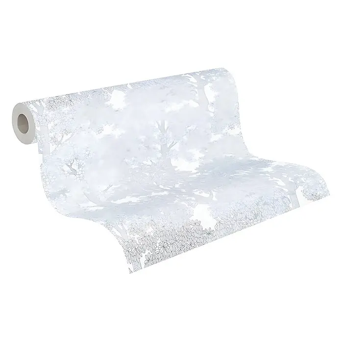 Profhome Vliestapete Vliestapete Wald grau - 10.050 x 530 mm - Rolle hellblau-weiß gemusterter Tapete mit detailliertem Wald- und Blumenmuster.