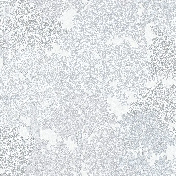 Profhome Vliestapete Vliestapete Wald grau - 10.050 x 530 mm - Botanisches Tapetenmuster mit filigranen hellblau-grauen Umrissen von Bäumen und Blättern.