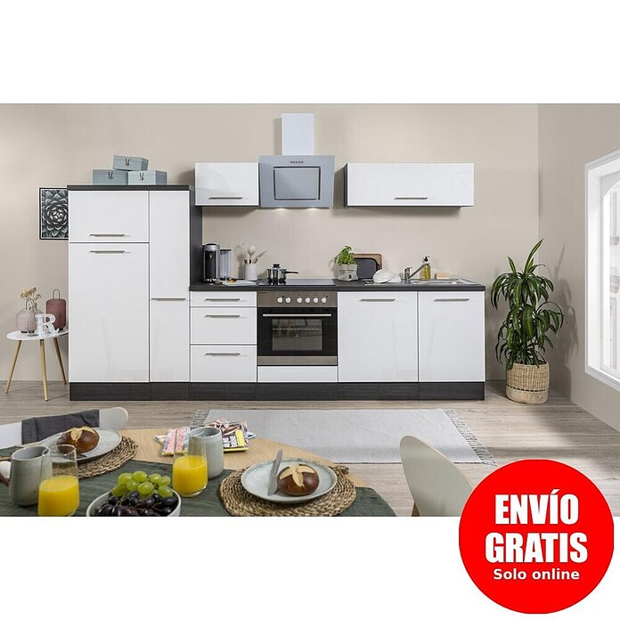 Respekta Premium Composición de cocina (Ancho: 310 cm, Con dispositivos eléctricos, Blanco de alto brillo)