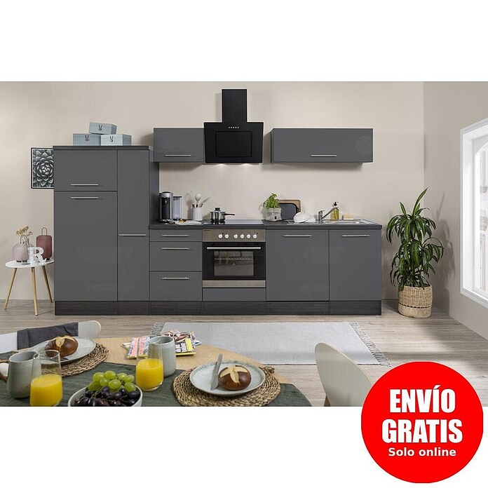 Respekta Premium Composición de cocina (Ancho: 310 cm, Con dispositivos eléctricos, Gris de alto brillo)
