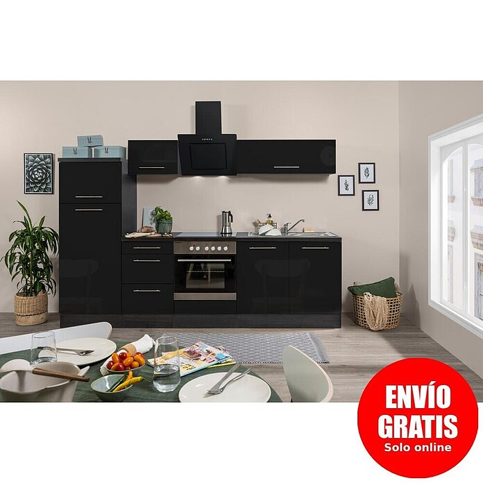 Respekta Premium Composición de cocina (Ancho: 270 cm, Con dispositivos eléctricos, Negro de alto brillo)