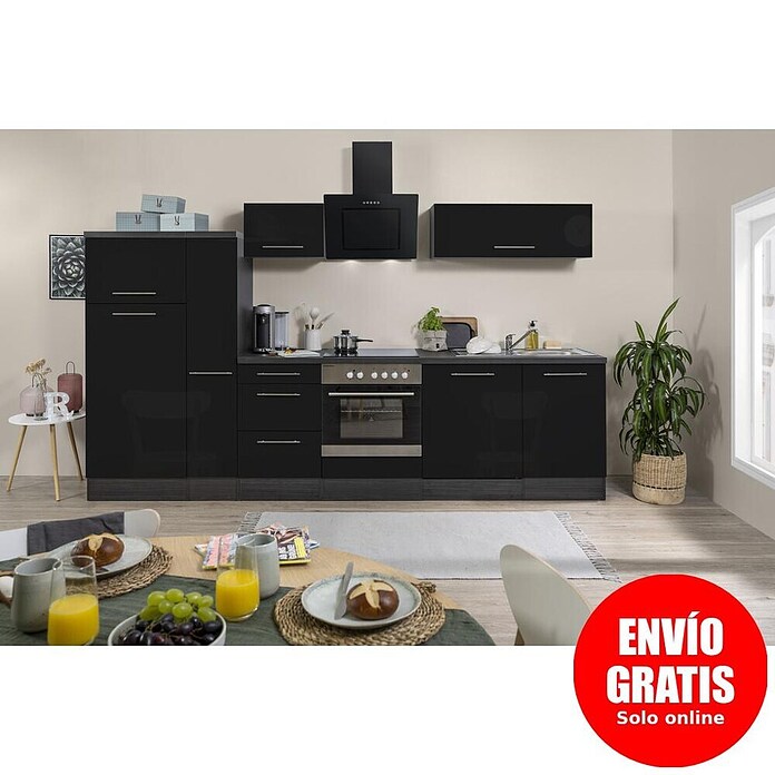 Respekta Premium Composición de cocina (Ancho: 310 cm, Con dispositivos eléctricos, Negro de alto brillo)