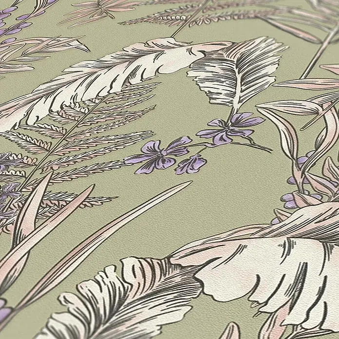 Profhome Vliestapete Vliestapete Blumen, Landhaus, Floral, Romantisch, Palmen, Natur grau - creme-weißlila, 10.050 x 530 mm - Botanische Mustertapete mit rosa und cremefarbenen Blättern, Farnen und lila Blüten.