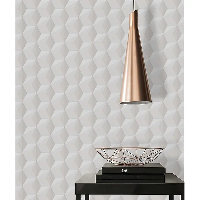 Profhome Vliestapete Vliestapete Geometrisch beige - 10.050 x 530 mm - Glänzende Kupfer-Pendelleuchte mit schlankem konischen Schirm, die Deckenbeleuchtung spendet.
